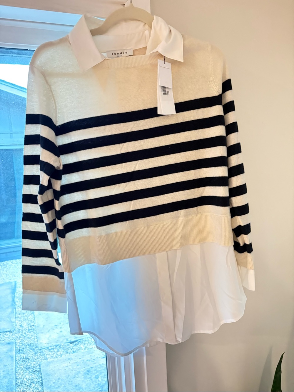 Sandro Cream & navy Striped Sweater with Shirt Hem cashmere merino wool
